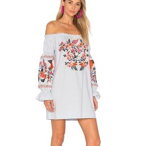 NWT Free People Fleur Du Jour Light Blue Embroidered OTS Mini Dress Women's XS